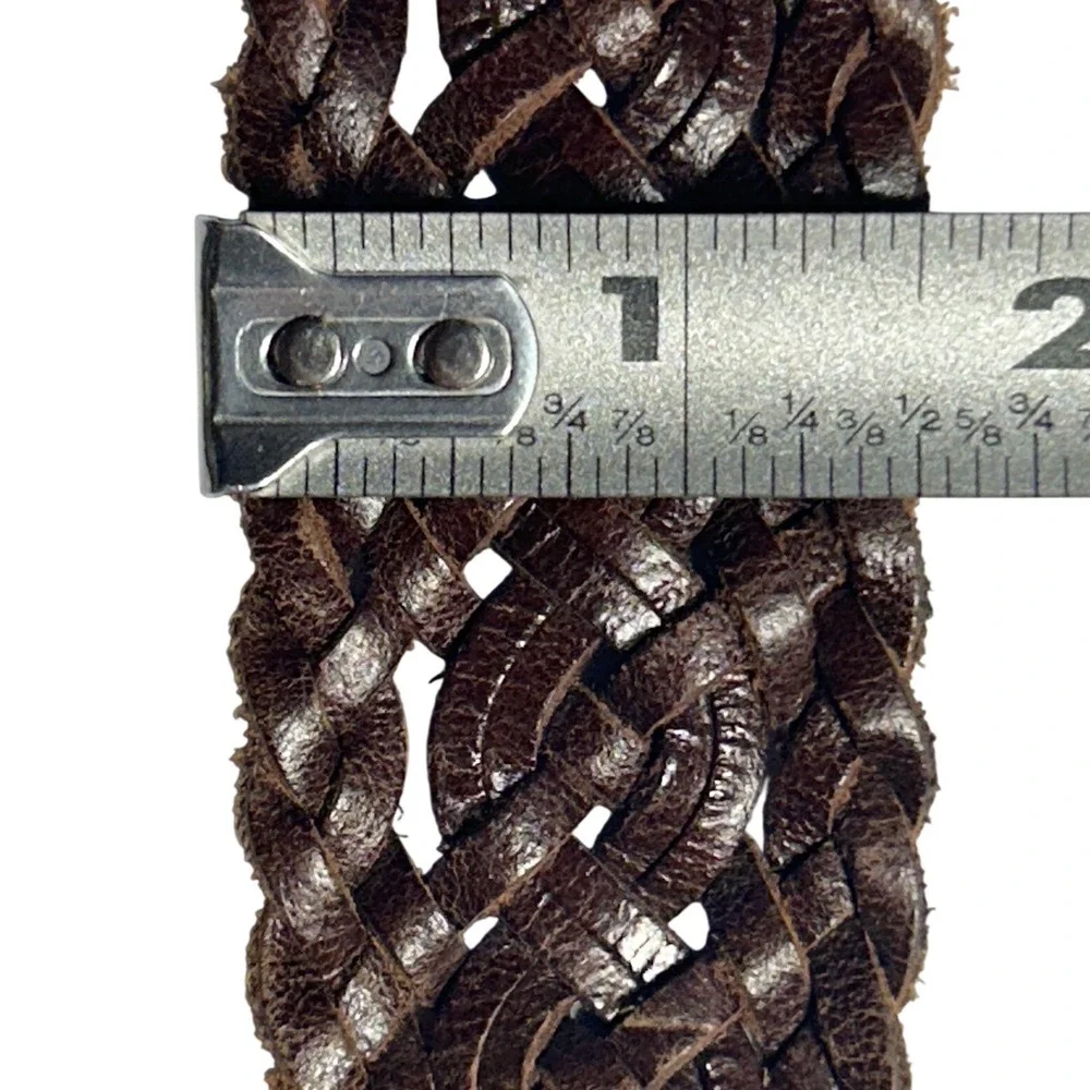Covered Buckle Dark Brown Braided Leather Belt Woven Adjustable Strap Up to 47